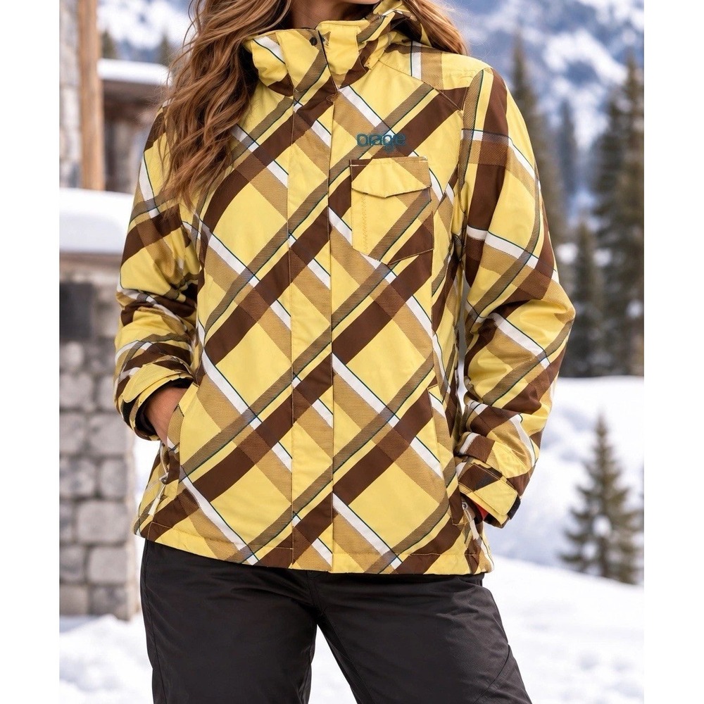 Orage Womens Y2K Vintage Plaid Hooded Ski Snowboard Jacket Size S Yellow Brown